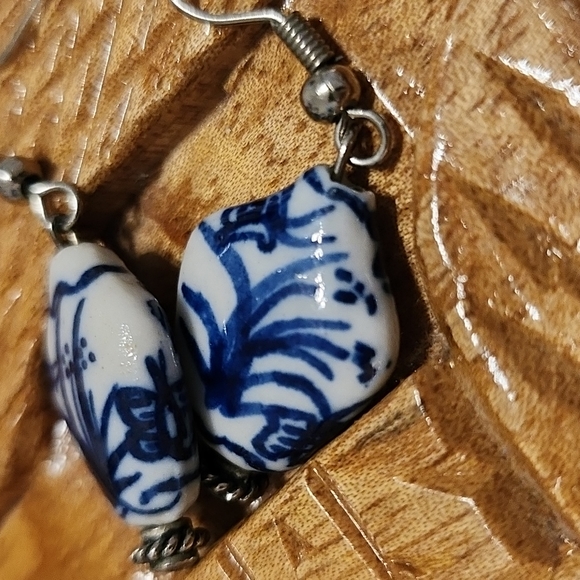 White & Blue Ceramic Earrings - Picture 2 of 6